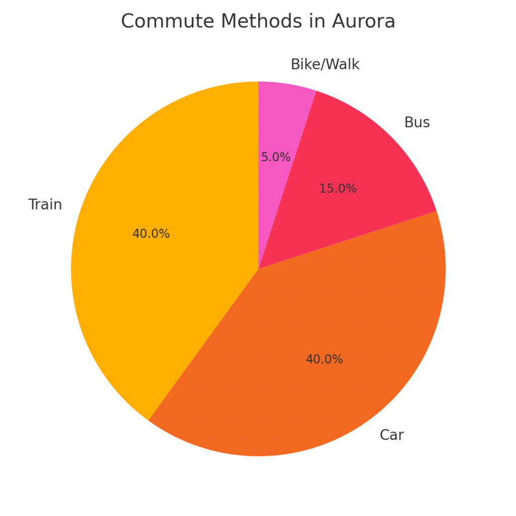 Pie chart comparing commuting methods in Aurora: train and car commuting tied at 40%, followed by bus at 15% and biking/walking at 5%.